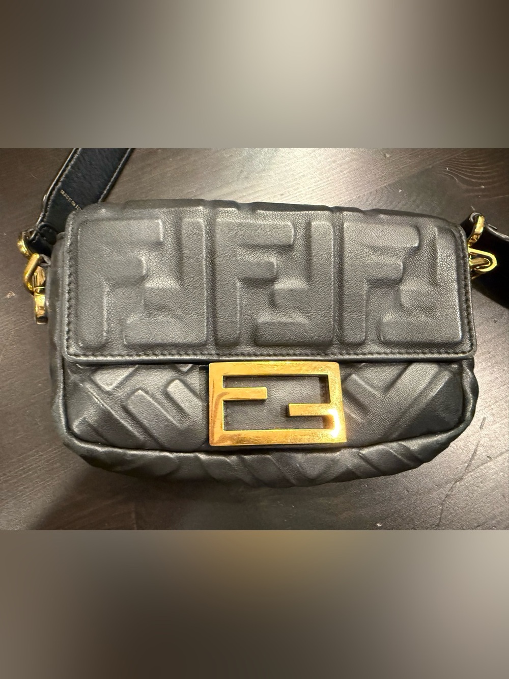 Fendi Black Embossed Leather Clutch with Gold FF Logo